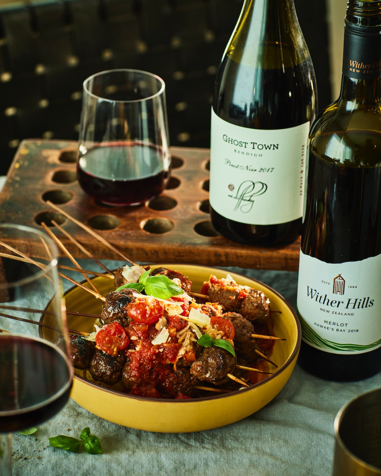 Smoky Beef Meatball Skewers with Roasted Tomato Sauce & Parmesan