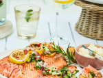 SEARED SALMON PLATTER WITH LEMON CRÈME AND CAPER SALSA