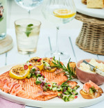 SEARED SALMON PLATTER WITH LEMON CRÈME AND CAPER SALSA