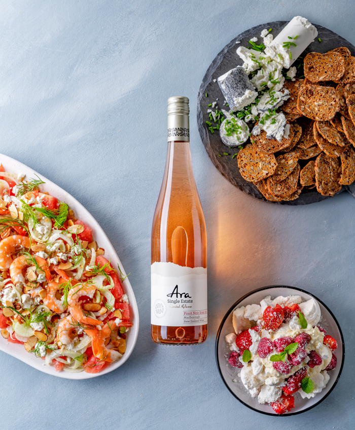 A bottle of New Zealand Rosé from Ara Single Estate, and beautiful food and rose wine matching when paired with goats cheese, crackers, prawn salads and fresh strawberries and cream